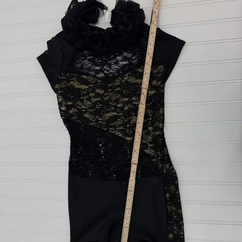 Dance‎ Costume Black Gold Sequins Jazz Child Large Open Back “Bionic”